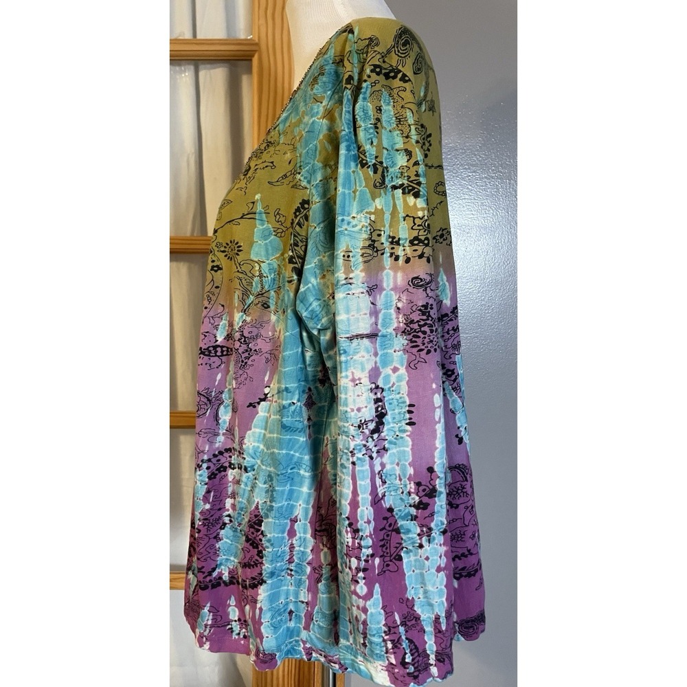 90s Bila Woman Beaded A-line Top 2X Blue Purple Abstract Pullover Boho Party - Picture 2 of 11